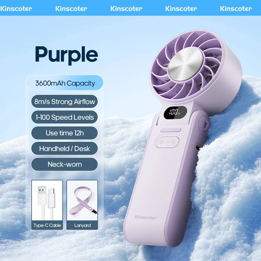 Outdoor Foldable Portable Handheld Fan Mini Cooling Rechargeable 3600Mah 100-Level Free Control High Speed Turbo Fan